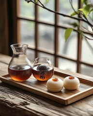 Tea and dessert on wooden table.