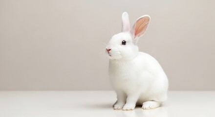 Fototapeta premium A pristine white rabbit sitting upright against a neutral studio backdrop