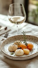 Elegant dish with gourmet ingredients and wine.