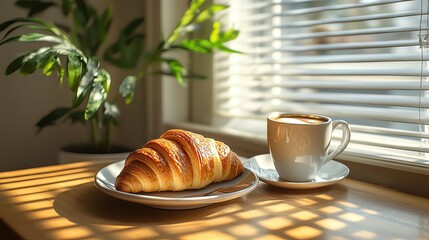 Croissant and coffee on a sunny table.