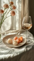 Elegant dining with wine and sweet desserts.