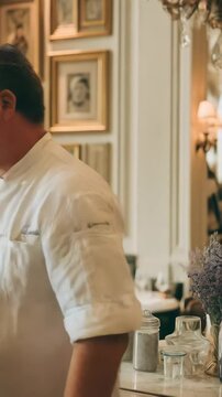 Confident male chef in white uniform posing with arms crossed inside fancy restaurant with antique framed pictures on the wall, lavender flowers