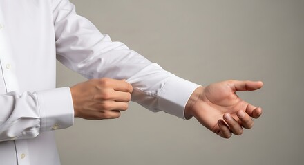 A person adjusting the cuff of a white long sleeved dress shirt on their arm