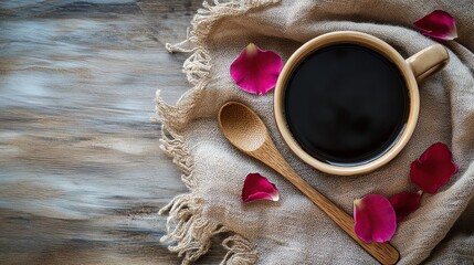 A cozy cup of coffee with rose petals.