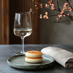 Elegant dessert presentation with wine and flowers.