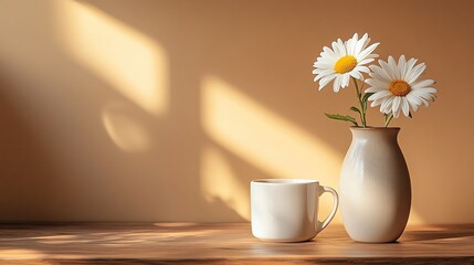 Bright flowers in a simple vase on a table.
