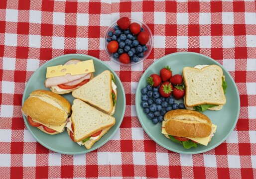 Celebrating national picnic month with delicious sandwiches and fresh berries on a checkered cloth