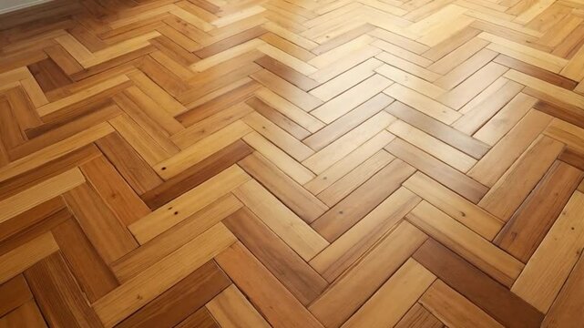 Close up of a herringbone pattern wood floor with light and dark wood tones and natural graining background texture video