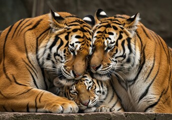 Family of tigers celebrating international tiger day in a natural habitat