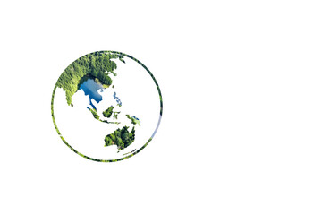 Minimal earth icon showing Southeast Asia with textured overlay of green forest and water,...