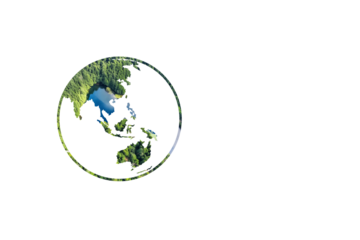 Minimal earth icon showing Southeast Asia with textured overlay of green forest and water, symbolizing environmental sustainability and natural global conservation. Beat plastic pollution