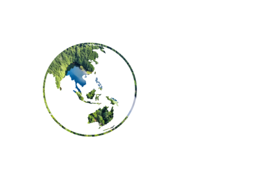 Minimal earth icon showing Southeast Asia with textured overlay of green forest and water, symbolizing environmental sustainability and natural global conservation. Beat plastic pollution