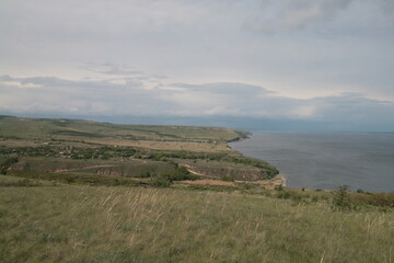 View of the Volga River and blooming fields, Samara region, Russia.