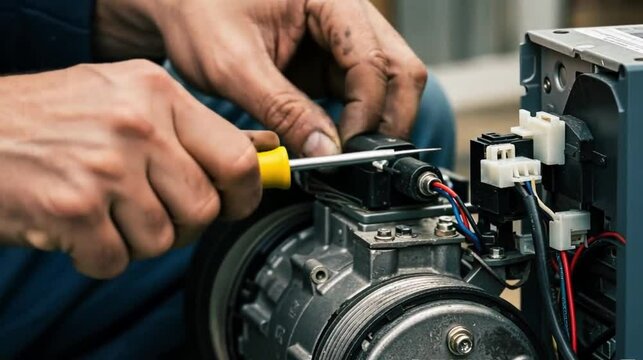 Mechanic repairs appliance with screwdriver and precision