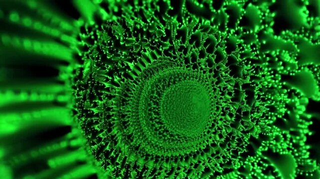 Green fractal pattern of a swirling layered organiclooking object seemingly underlit