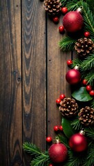 Rustic wood background, ornaments, pine cones, berries, holly, background, ornaments