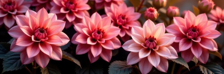 Obraz premium Salmon rose & lilac pink dahlia blooms, deep red center, dark bronze foliage , nature, garden, flower