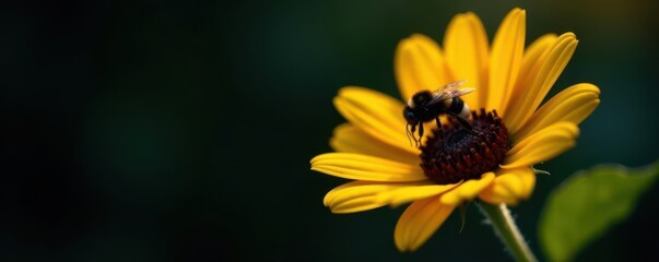 Obraz premium Small sunflower, bumblebee detail, dramatic lighting, dark backdrop , pollination, wildlife, macro
