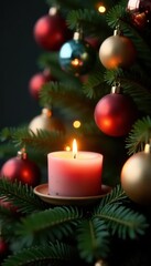 Small votive candle nestled amongst ornaments on a Christmas tree , decoration, shining