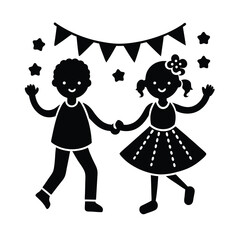 Children dancing silhouette with party decorations