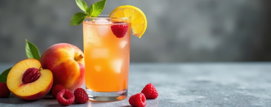 Sparkling peach lemonade with raspberries, grey tabletop, refreshment, delicious, photography