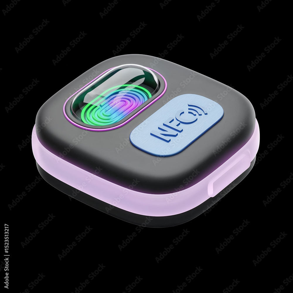 Poster nfc device with fingerprint scanner glowing on black background