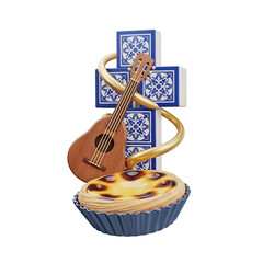 Portuguese culture represented by guitar, cross and pastel de nata on transparent background
