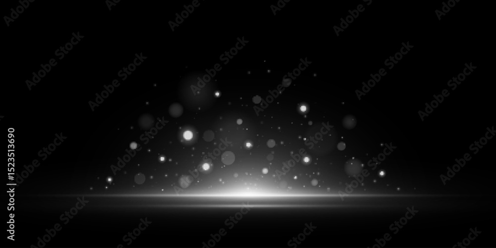 Poster abstract background featuring soft white glowing particles rising from a subtle light source. horizo