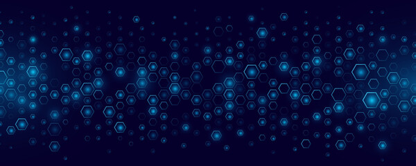 Abstract background with glowing blue hexagonal shapes on a dark blue backdrop. Futuristic digital design ideal for science, innovation, blockchain, AI, and medical technology. Vector illustration.