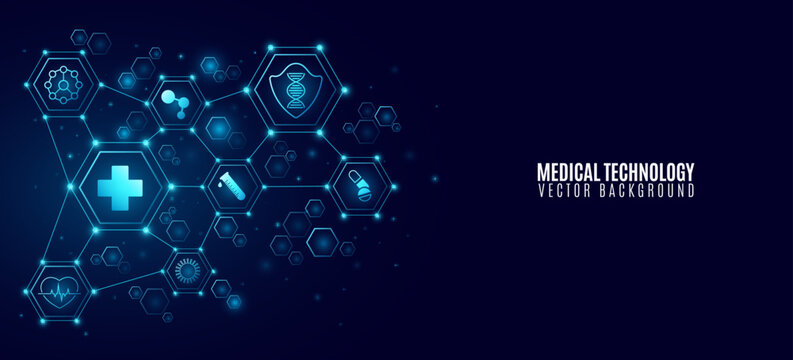 Abstract medical technology featuring interconnected glowing hexagons with healthcare icons. Ideal for digital health, diagnostics, AI in medicine, and scientific innovation. Vector illustration.