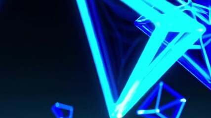 Neon blue wireframe pyramids float against a dark uniform background - Powered by Adobe