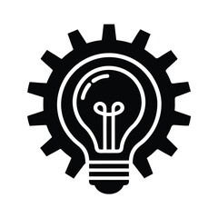 Lightbulb inside gear black and white icon