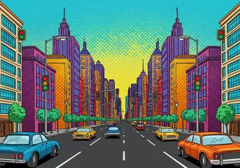 Pixel art city street scene at sunrise, featuring colorful buildings, cars, and traffic lights. Bright, vibrant, and energetic.