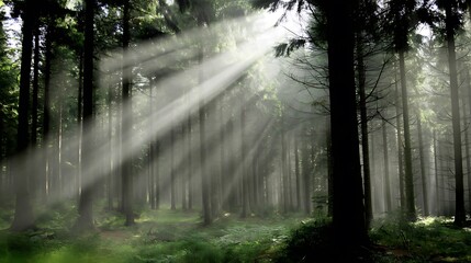 Obraz premium Sunlight piercing through a dense forest