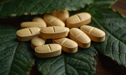 pills of herbal and leaves with bottle on top view of wood table concept in care and healthy strong body for maintaining health