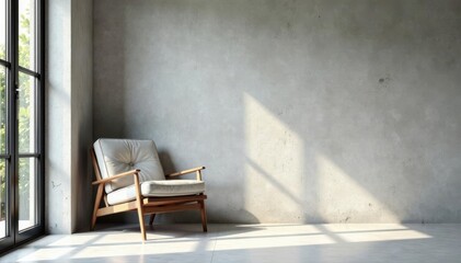 Rustic chair leans against textured concrete wall Modern minimalist living room , industrial, interior design