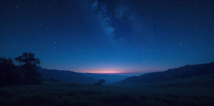 Serene midnight scene, dark sky filled with stars above a tranquil landscape Perfect for themes of peace, night, mystery, and dreams , mystery, moonlit