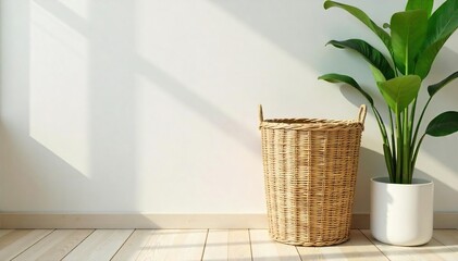 Fototapeta premium A stylish wastebasket can, made of woven wicker, sits on a light wood floor next to a potted plant The room is bright and airy, conveying a feeling of cleanliness and organization , rustic, leaves