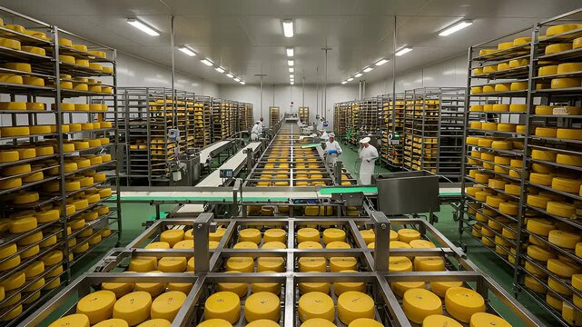 Workers in a large cheese factory processing and packaging cheese wheels in a clean environment