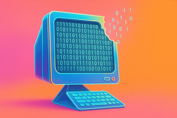 A retro-style computer monitor displays binary code while a byte-shaped “bite” is taken out of the screen, with 1s and 0s floating away  - Generative AI