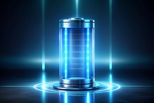 Clean energy battery glowing with bright blue light in futuristic storage concept