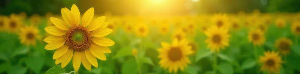 Fototapeta premium Single sunflower facing sun, sharp focus, lush green background , sharp, green, disk floret