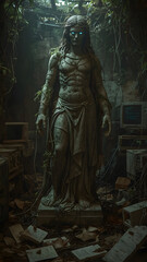 Obraz premium Ancient Statue Amidst the Ruins: A weathered statue stands tall amidst the decay of forgotten technology, overgrown with nature's embrace.