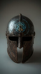 Ancient Greek Helmet with Mystic Symbol: A weathered, ancient Greek-style helmet features an intricate mystic symbol etched onto its surface.