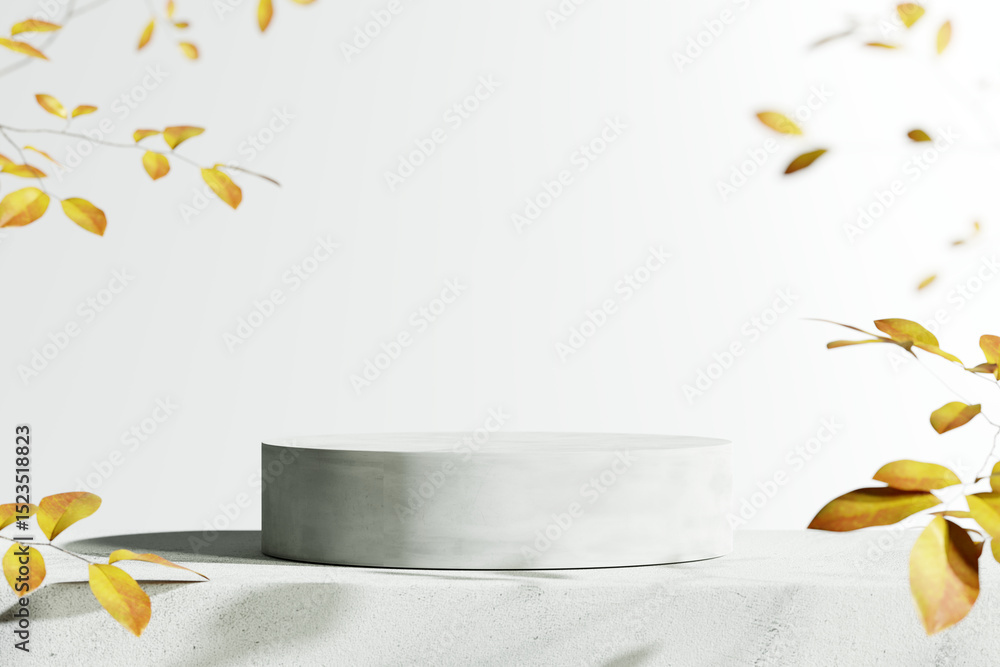 Poster concrete cylindrical product display podium with subtle autumnal tree branches on white background. 