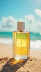 A refreshing spritz of summer cologne on a sun-drenched beach, capturing the essence of warm weather and carefree days Perfect for advertising campaigns promoting summer fragrances , sky, warmth