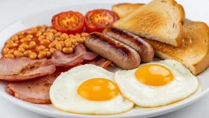 Close-up of a traditional English breakfast with fried eggs, sausages, bacon, baked beans, grilled tomato, and toast on a white plate. A hearty, protein-rich morning meal full of flavor.