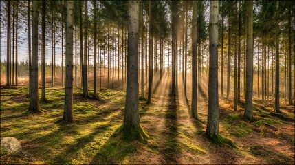 Obraz premium Sunlight filters through enchanting forest trees