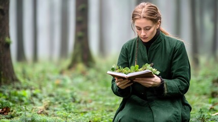 Obraz premium Woman reading nature book in forest calm learning environment