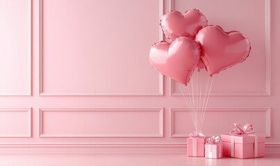 balloon heart shape in pink studio with empty space for text and gift boxes at corner